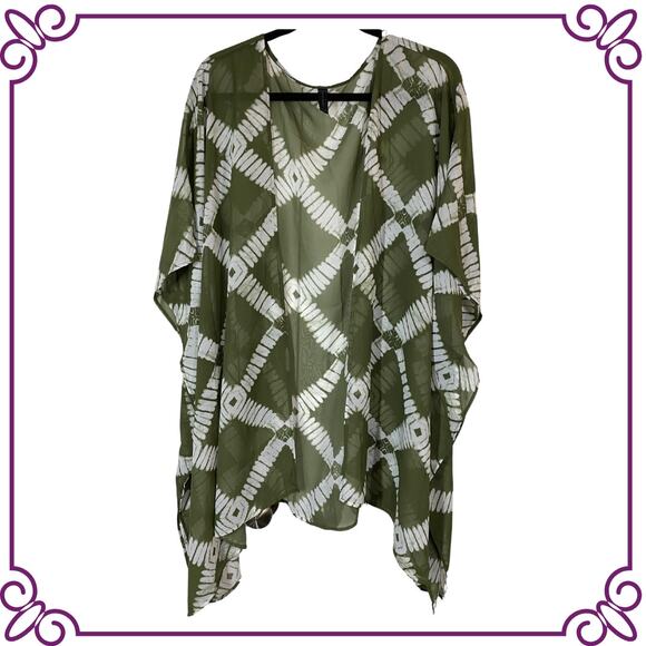 Lane Bryant Kimono Beach Cover Up Green White Semi Sheer One Size - Picture 1 of 6